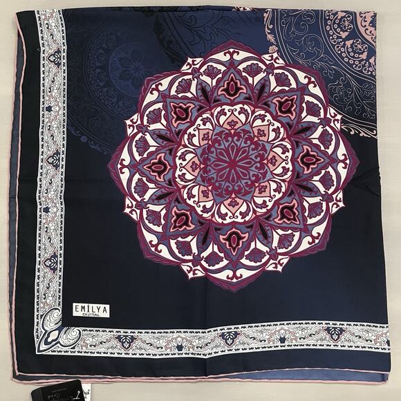 EMILYA Silk Scarf Geometric Floral Rolled Hem Navy Blue Purple NWT 40x41” - Picture 7 of 13